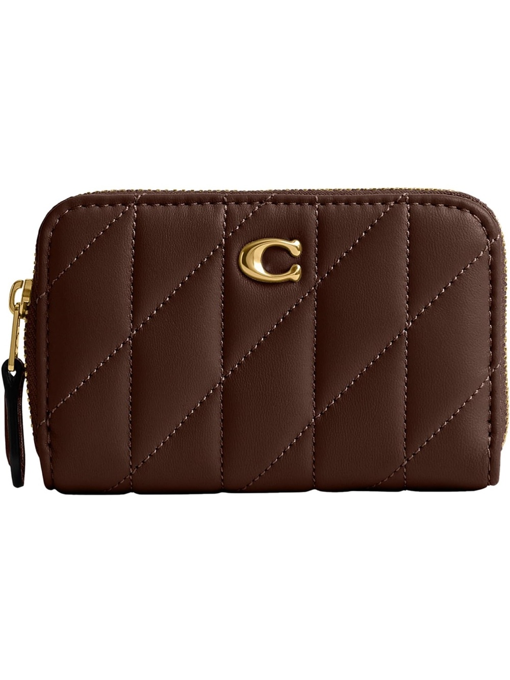 Coach Dark Brown Leather Zip Card Case Wallet with Gold & Pillow Quilting - New
